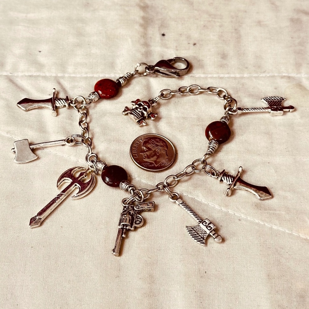 Medieval Weapon Charm Bracelet Handmade Red Jasper Stainless Steel Axes Daggers - Picture 2 of 10